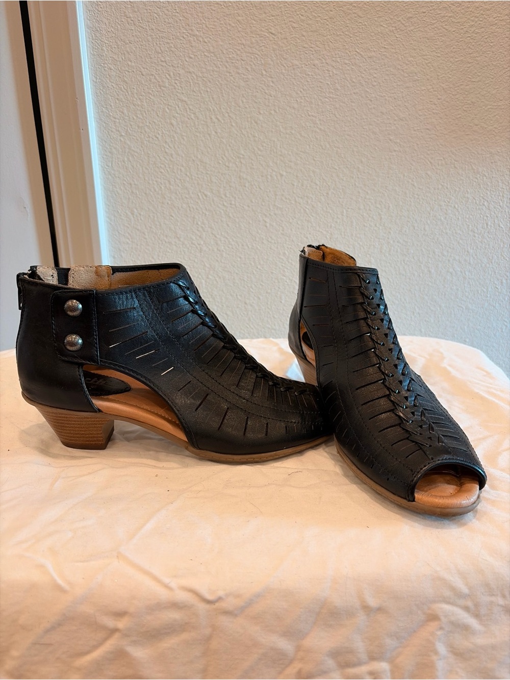Women's Black Peep-Toe Leather Ankle Boots